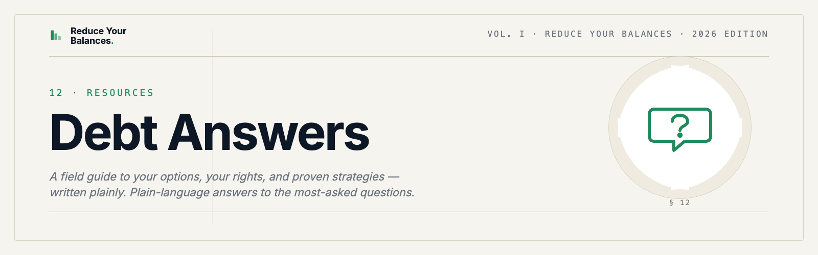 Open notebook of common debt questions with concise answers from personal finance writers